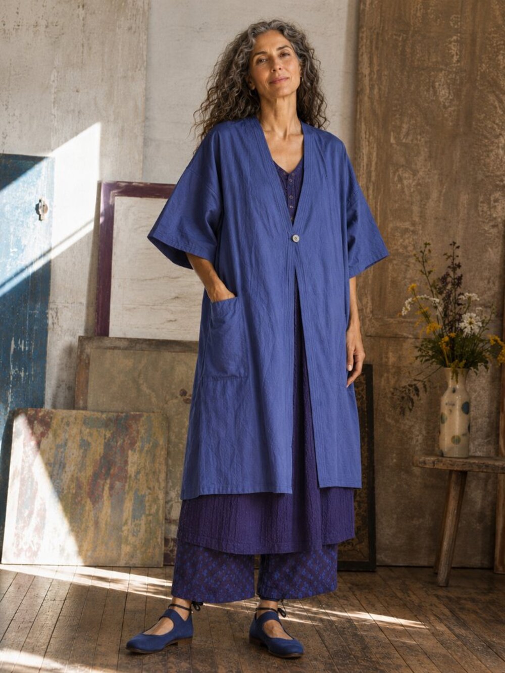 Gudrun Sjoden Reversible Purple Blue Lightweight Kimono Topper Lagenlook Medium